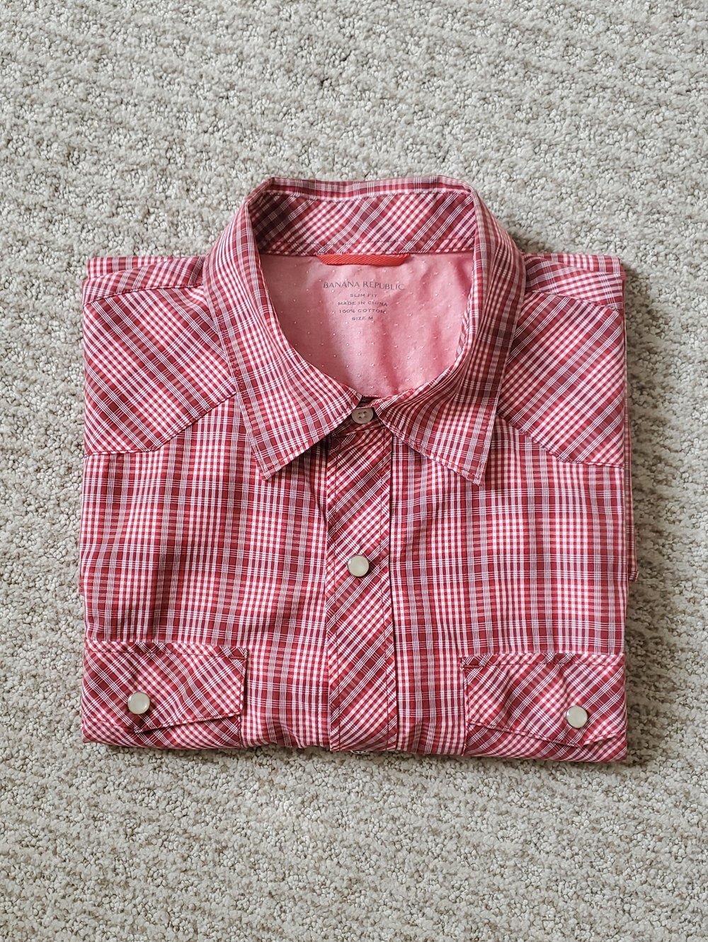 Banana Republic Slim Fit Snap Button Short Sleeve Shirt, Red Plaid (M)